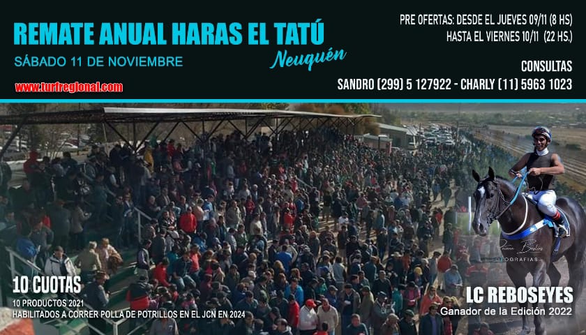 Este 11 de noviembre Remate Haras El Tatú en Neuquén. Aqui el catálogo