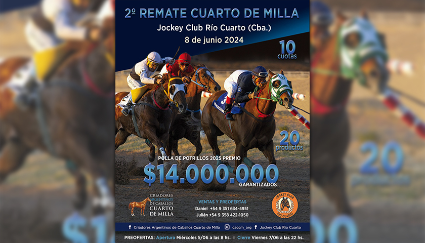 Sábado 8 de Junio 2° Remate Cuarto de Milla en el Jockey Club Río Cuarto. Aquí el Catálogo, Fotos y Condiciones