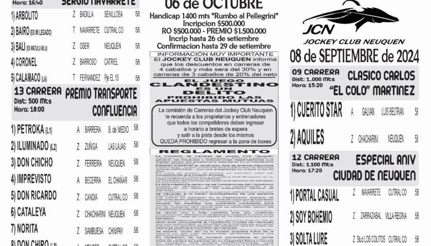 El Programa Oficial del Hipódromo de Neuquén para este domingo 8 de Septiembre